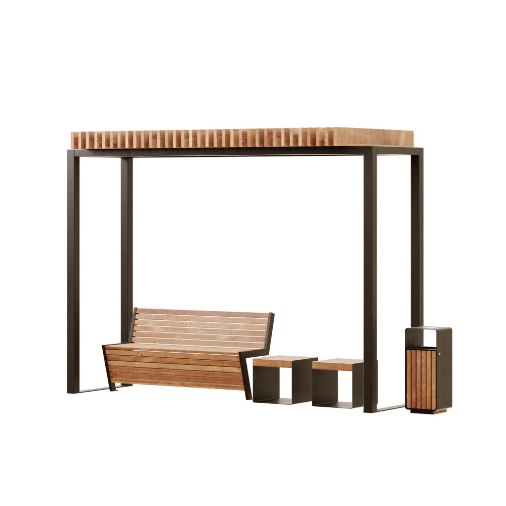 COMBO PERGOLA, BENCH, STOOL, LITTER BIN